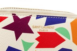 YSL Saint Laurent White Multicolor Pebbled Leather Compact Zippy Wallet