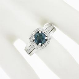 Fredric Sage 18k White Gold Round Sapphire Solitaire Pave Diamond Halo Band Ring