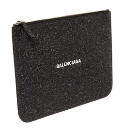 Balenciaga Black Glitter Leather Logo-Print Zipped Clutch