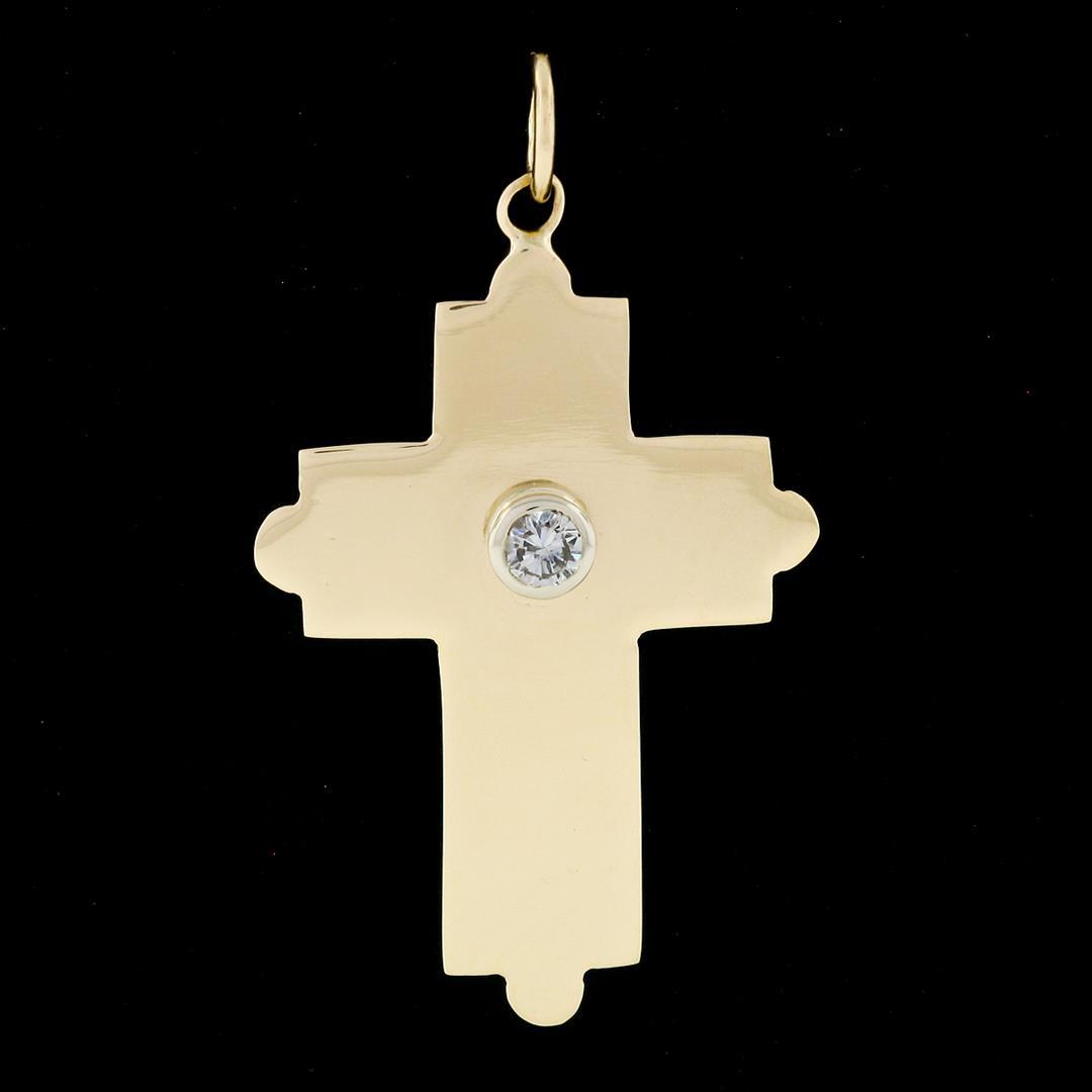 Vintage 14k Yellow Gold Wide Polished 0.15 ctw Bezel Diamond Cross Charm Pendant