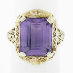 Antique Art Deco 14k Gold Rectangular Step Cut Amethyst Solitaire Filigree Ring