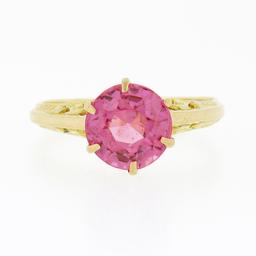 Antique Victorian 10k Gold GIA Lab Grown Old Round Pink Sapphire Solitaire Ring