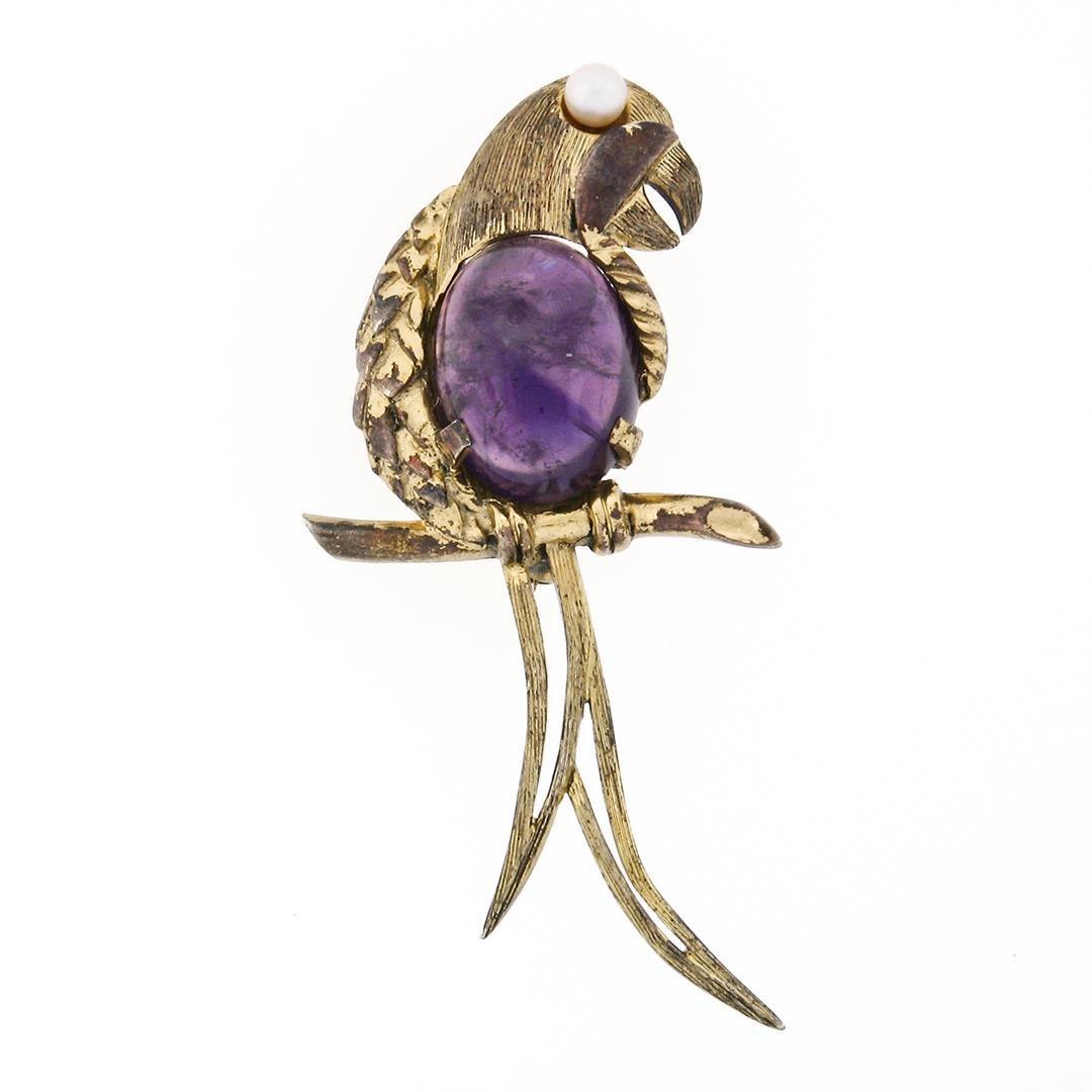 Antique German Vermeil Gold Over Silver Amethyst Textured Parrot Bird Brooch Pin