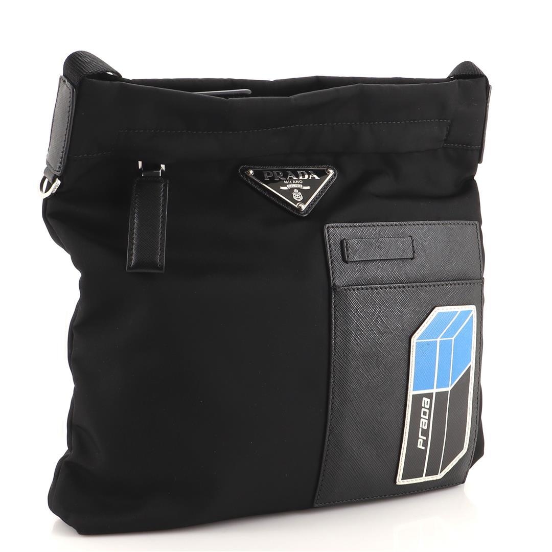 Prada Logo Patch Front Zip Messenger Bag Tessuto Medium