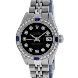 Rolex Ladies Stainless Steel Black Diamond And Sapphire Wristwatch