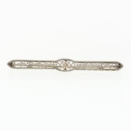 Antique Art Deco 14k White Gold Mine Cut Diamond Open Filigree Bar Pin Brooch