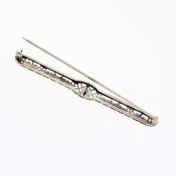 Antique Art Deco 14k White Gold Mine Cut Diamond Open Filigree Bar Pin Brooch