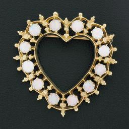 Vintage 14K Yellow Gold Round Cabochon Opal Framed Open Heart Brooch Pin Pendant