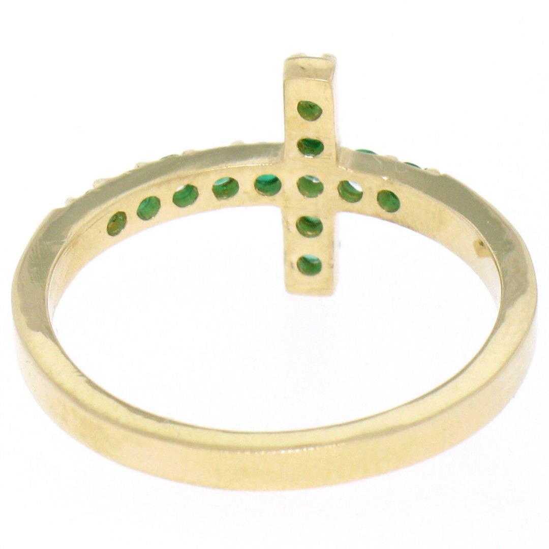 NEW 14k Yellow Gold 0.25 ctw Round Green Emerald Curved Sideways Cross Band Ring