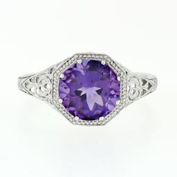 NEW 14k White Gold 1.85 ctw Fine Filigree & Milgrain Work Amethyst Solitaire Rin