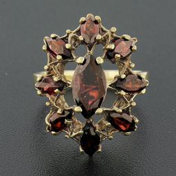 Vintage 14K Yellow Gold Marquise Prong Garnet Open Spray Flower Cocktail Ring