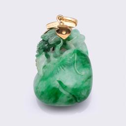 Chinese Carved Jadeite Toggle Mounted in 18K Yellow Gold