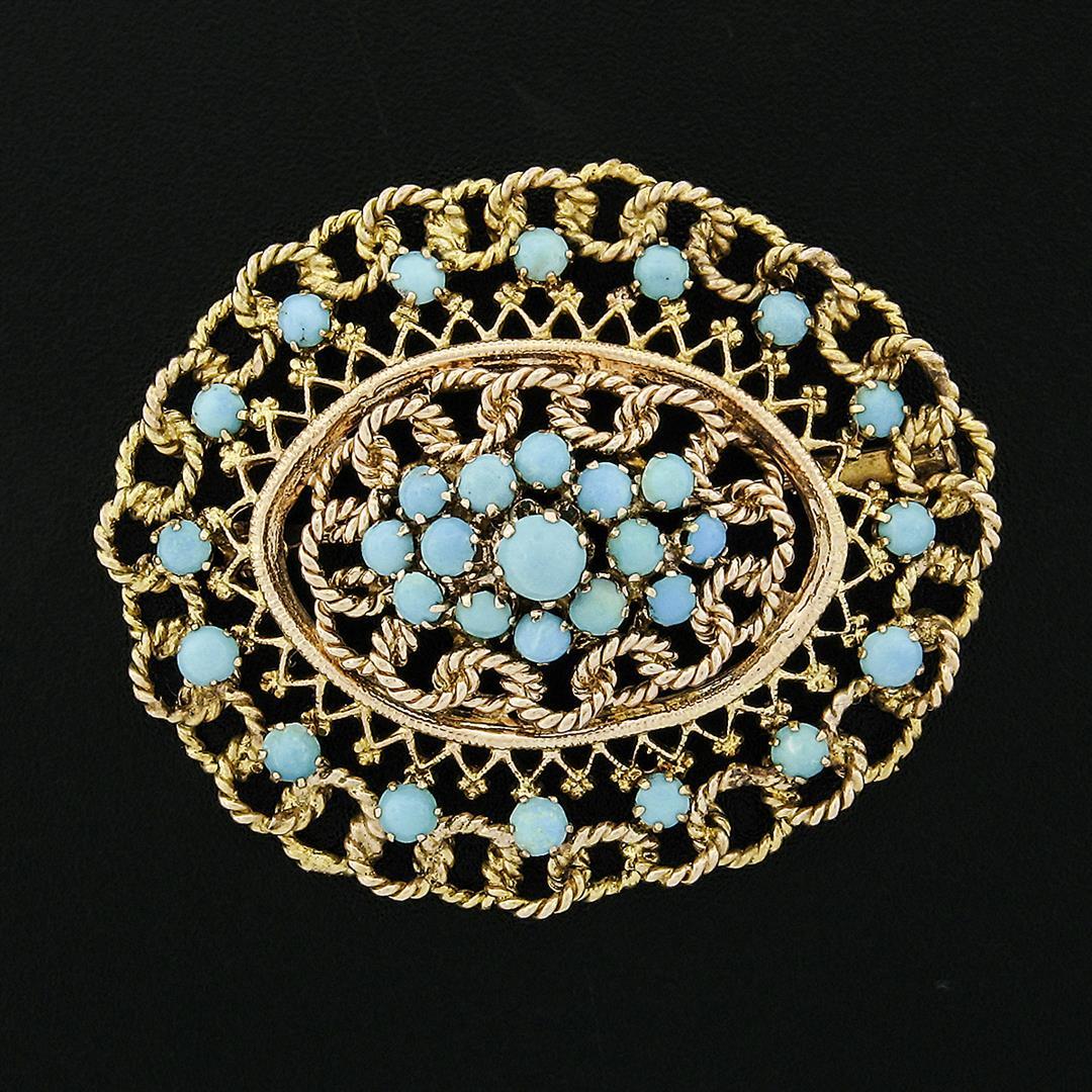 Vintage 14k Yellow Gold Twisted Wire & Round Cabochon Turquoise Open Brooch Pin