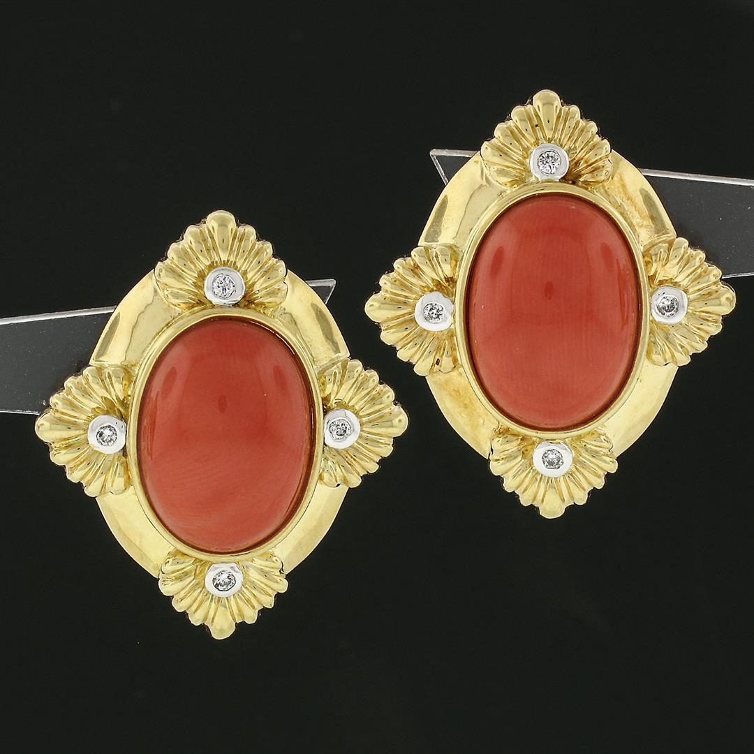 18k Gold GIA Cert. Oval Cabochon Coral & Round Diamond Omega or Clip On Earrings