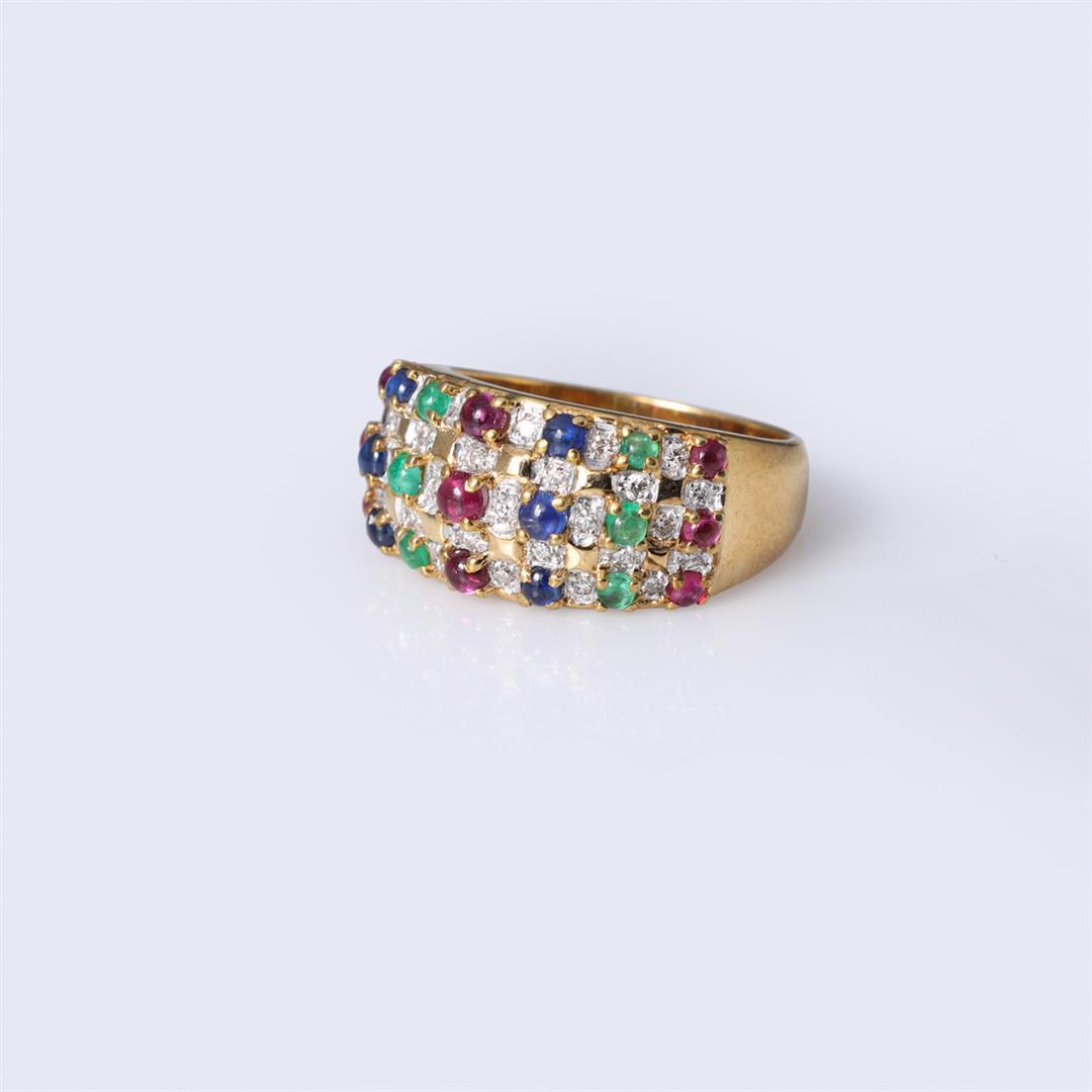 A Highly Unusual Five-Row Diamond & Gem Set 18k Yellow Gold Ring