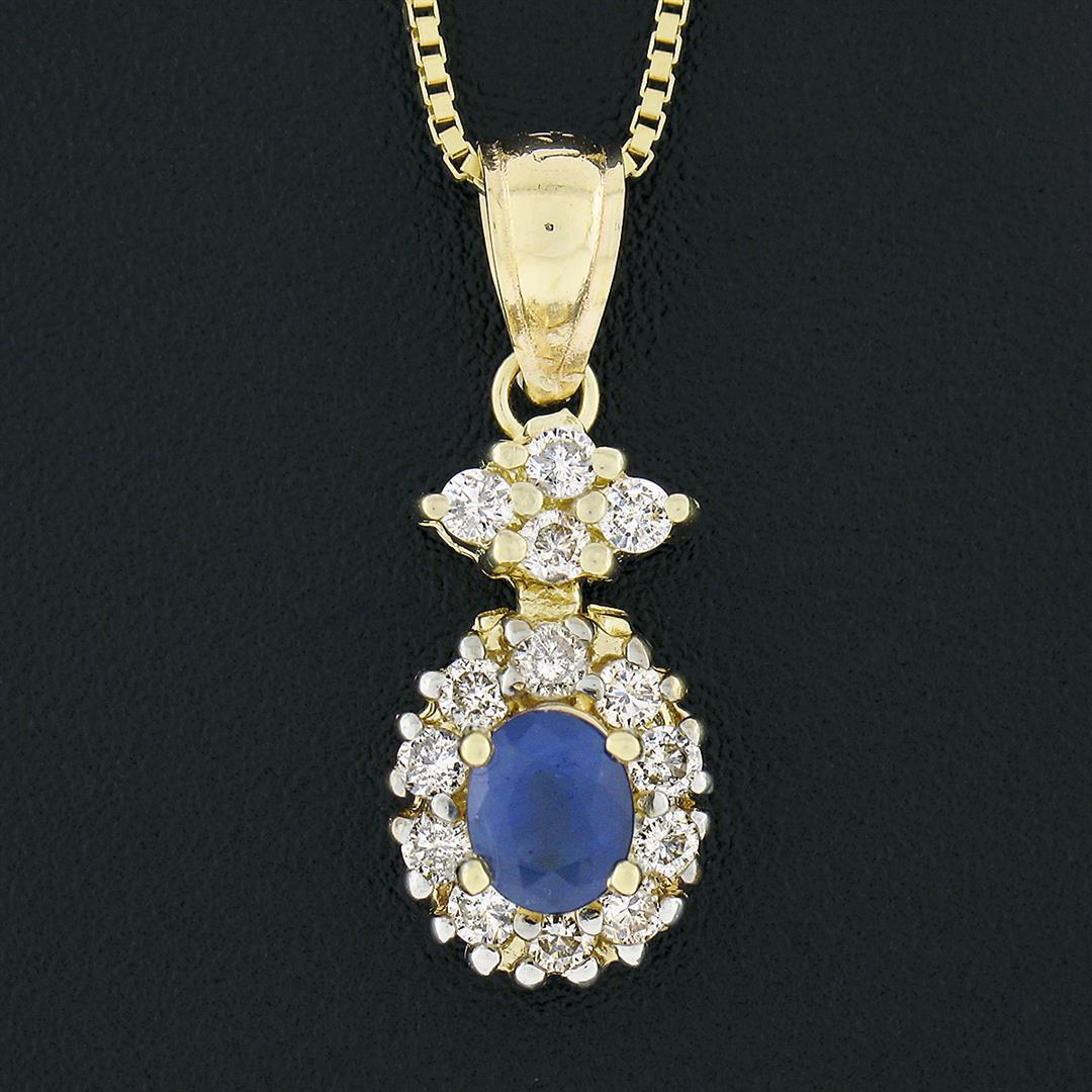 14K Gold 0.85 ctw Sapphire & Diamond Halo Cluster Dangle Pendant w/ 20" Box Chai