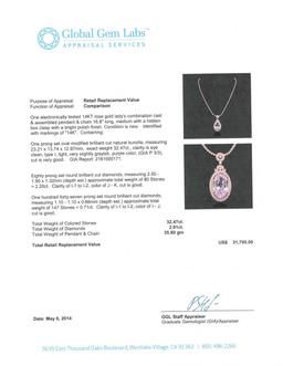 14KT Rose Gold 32.47 ctw GIA Certified Kunzite and Diamond Pendant With Chain