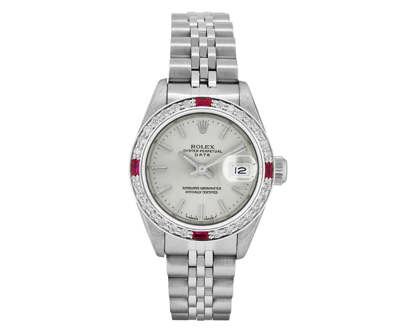 Rolex Ladies Quickset Stainless Steel Silver Index Diamond And Ruby Date Watch W