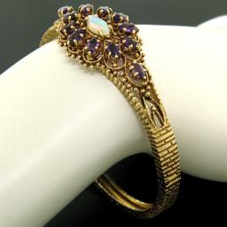 Vintage 14K Yellow Gold 3.75 ctw Amethyst & Opal Textured Open Bangle Bracelet