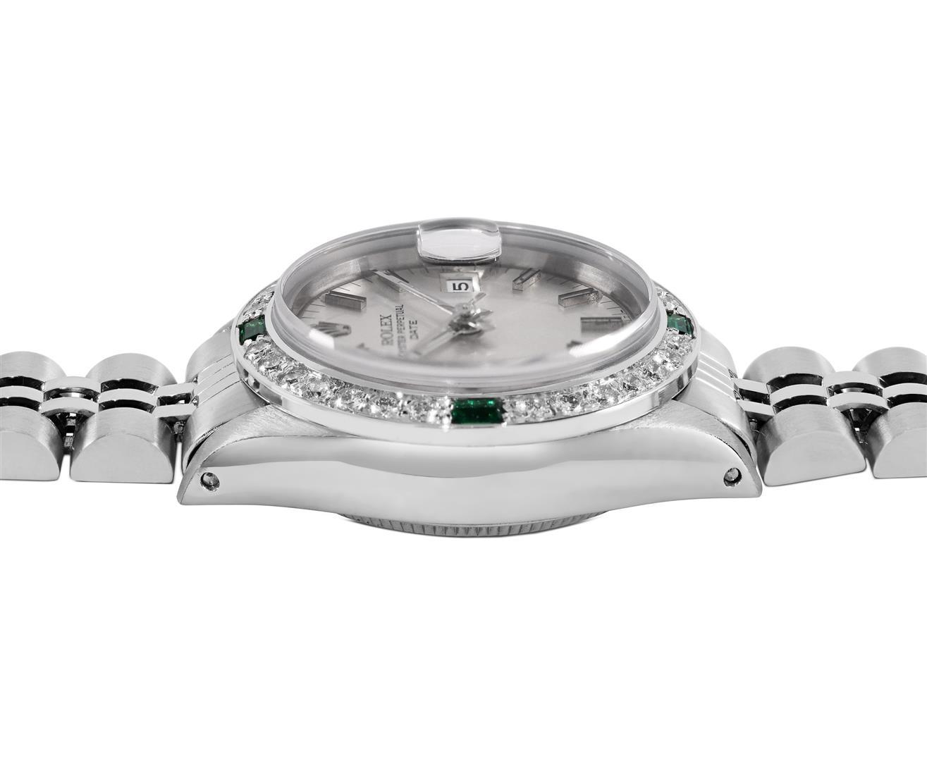 Rolex Ladies Stainless Steel Silver Index Dial Diamond And Emerald Date Watch