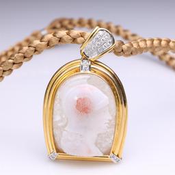 Antique Carved Cameo Agate in Later 18K Yellow Gold and Diamond Mount