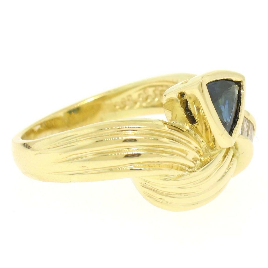 18k Yellow Gold 1.04 ctw Trillion Sapphire & Baguette Diamond Ribbed Cocktail Ri