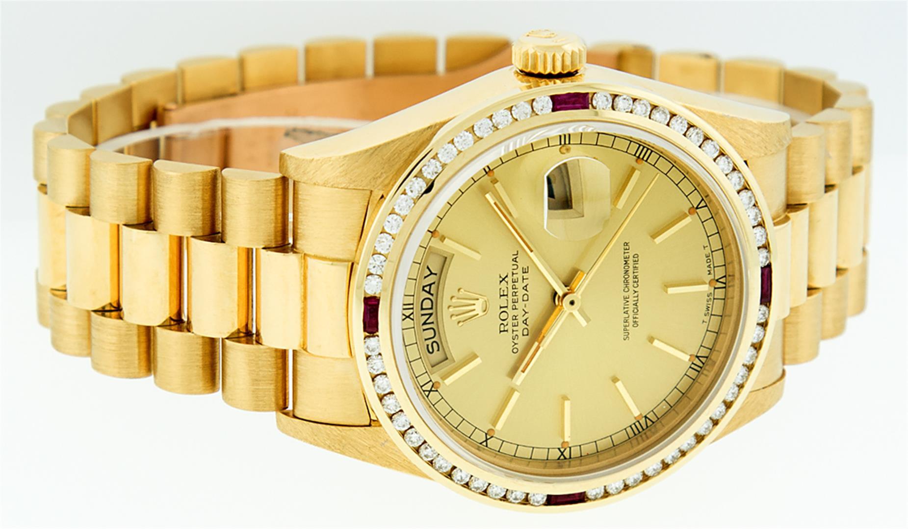 Rolex Mens Quickset 18K Yellow Gold Champagne Index Diamond And Ruby Bezel Presi