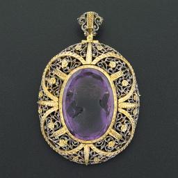 Antique Giovanni Apa 14K Gold Hand Carved Amethyst Cameo DETAILED Brooch Pendant
