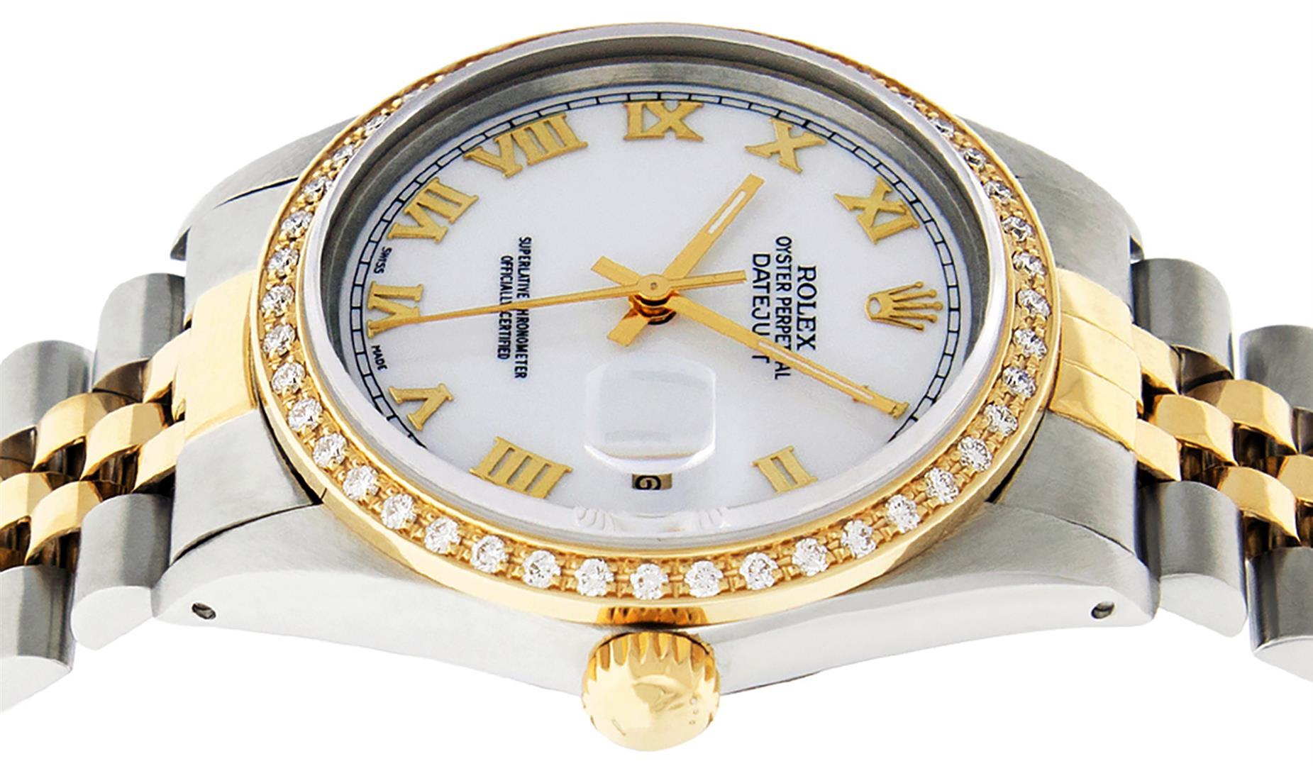 Rolex Mens 2T Yellow Gold And Steel White Roman Diamond Bezel Datejust Wristwatc