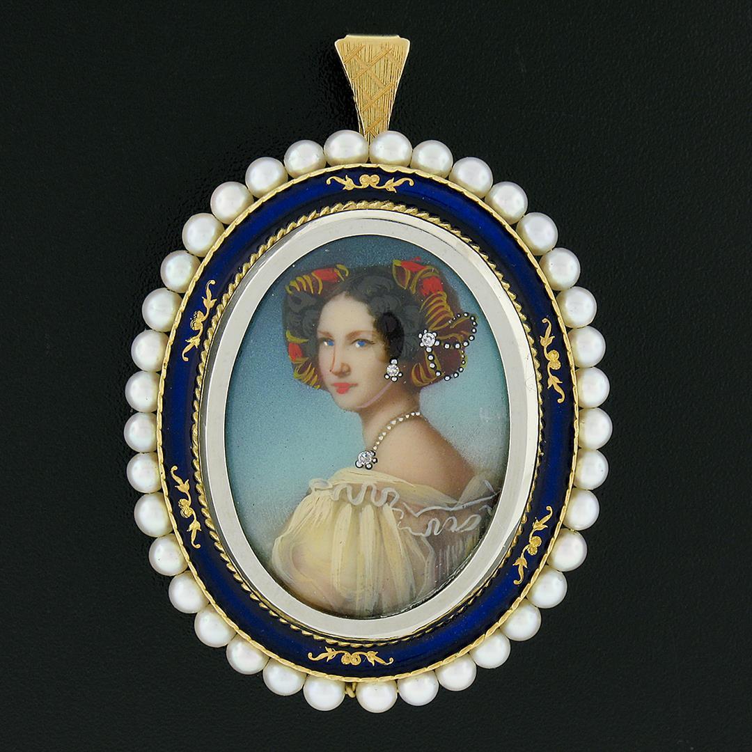 Vintage 18k Gold Oval Painted Portrait Diamond Enamel Pearl Frame Brooch Pendant