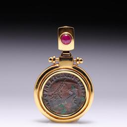 18K Yellow Gold Ruby & Ancient Roman Copper Coin Pendant