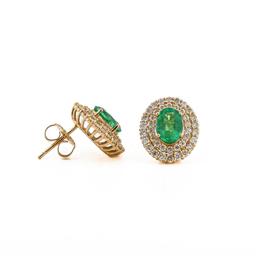 2.30 ctw Emerald and 1.30 ctw Diamond 14K Yellow Gold Earrings