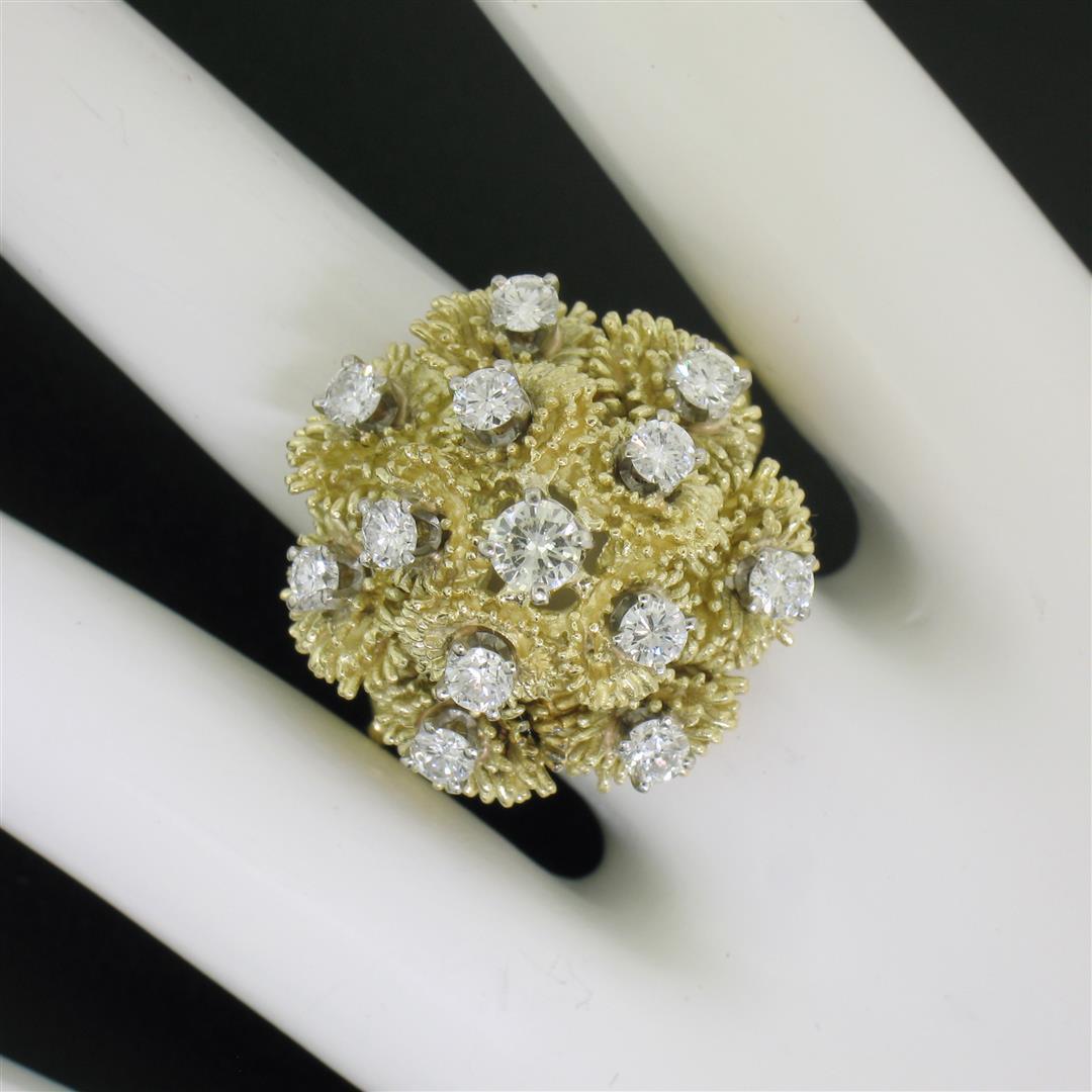 QUALITY Vintage 18K Gold 1.30 ctw Diamond Tiered Textured Cluster Cocktail Ring