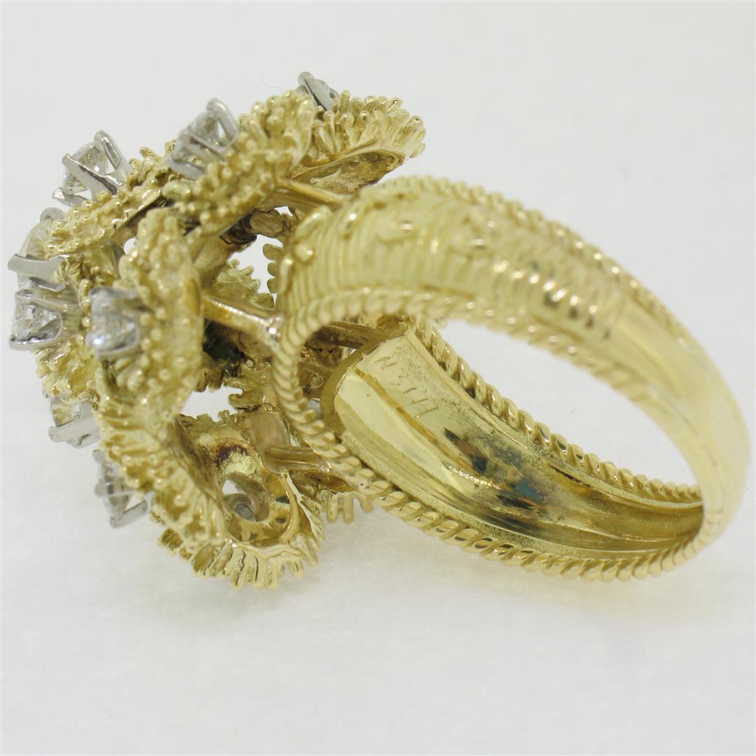 QUALITY Vintage 18K Gold 1.30 ctw Diamond Tiered Textured Cluster Cocktail Ring