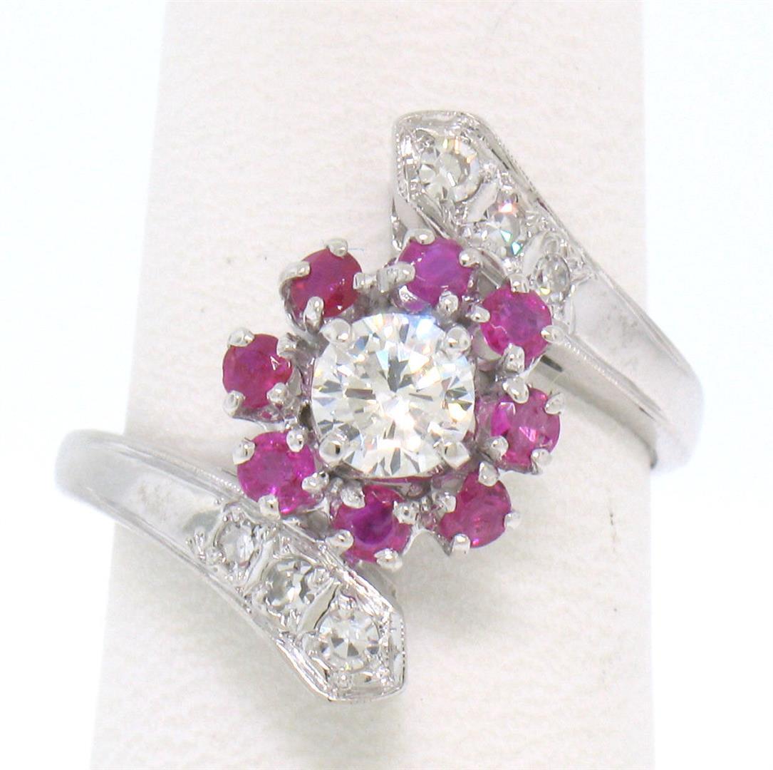 14k White Gold 1.10 ctw Diamond & Ruby Ladies Crossover FINE Cocktail Ring