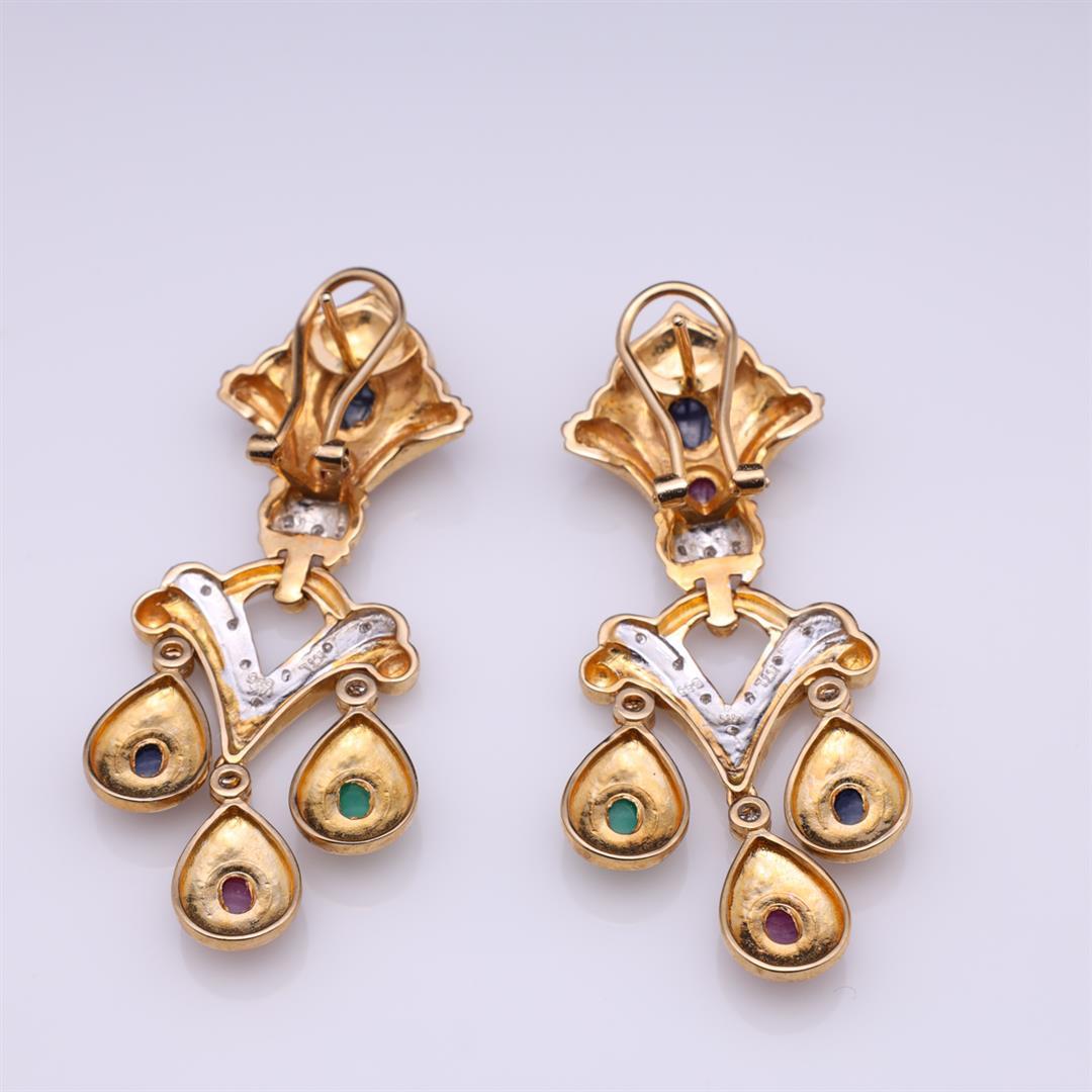 Pair of Italian 14k Gold Ruby, Emerald, Sapphire & Diamond Earrings