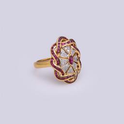 Heavy 18k Yellow Gold Ruby & Diamond Art Deco Style Ring