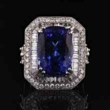 16.49 ctw Tanzanite and 2.81 ctw Diamond 18KT White Gold Ring (GIA CERTIFIED)