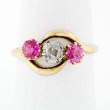 Antique Victorian 18K Gold 1.18 ctw Diamond & European Pink Sapphire 3 Stone Rin