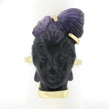 Vintage 14k Gold Carved Amethyst 3D Lady Face Head Cameo Ring Open Work Setting