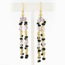 Vintage 18k Gold 4 Strand Amethyst Black Onyx Rondelle Bead Drop Dangle Earrings