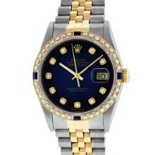 Rolex Mens Two Tone Blue Vignette Diamond & Sapphire Datejust Wristwatch 36MM