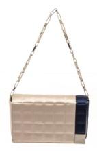 Chanel Beige Blue Satin Chocolate Bar Chain Shoulder Bag