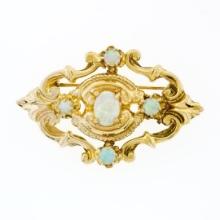 Vintage 14K Yellow Gold Oval & Round Opal Detailed Open Work Brooch Pin Pendant