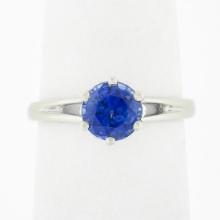 Vintage 14k White Gold 1.26 ctw Round Sapphire Solitaire Open Work Engagement Ri