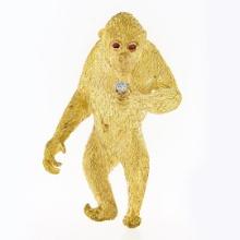 Vintage Craig Drake 18K Gold Ruby & Diamond Textured Gorilla Monkey Brooch Pin