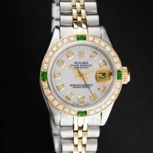 Rolex Ladies Quickset Two Tone White Diamond And Emerald Datejust Wristwatch