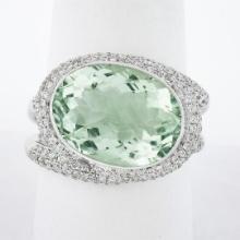 18K White Gold Oval Bezel Prasiolite Quartz & Pave Diamond Twisted Cocktail Ring