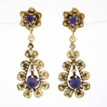 Vintage Victorian Revival 14k Gold Amethyst Textured Tear Drop Dangle Earrings