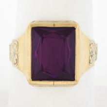 Antique 10k Gold Rectangular Bezel Set Purple Stone Solitaire Hand Engraved Ring